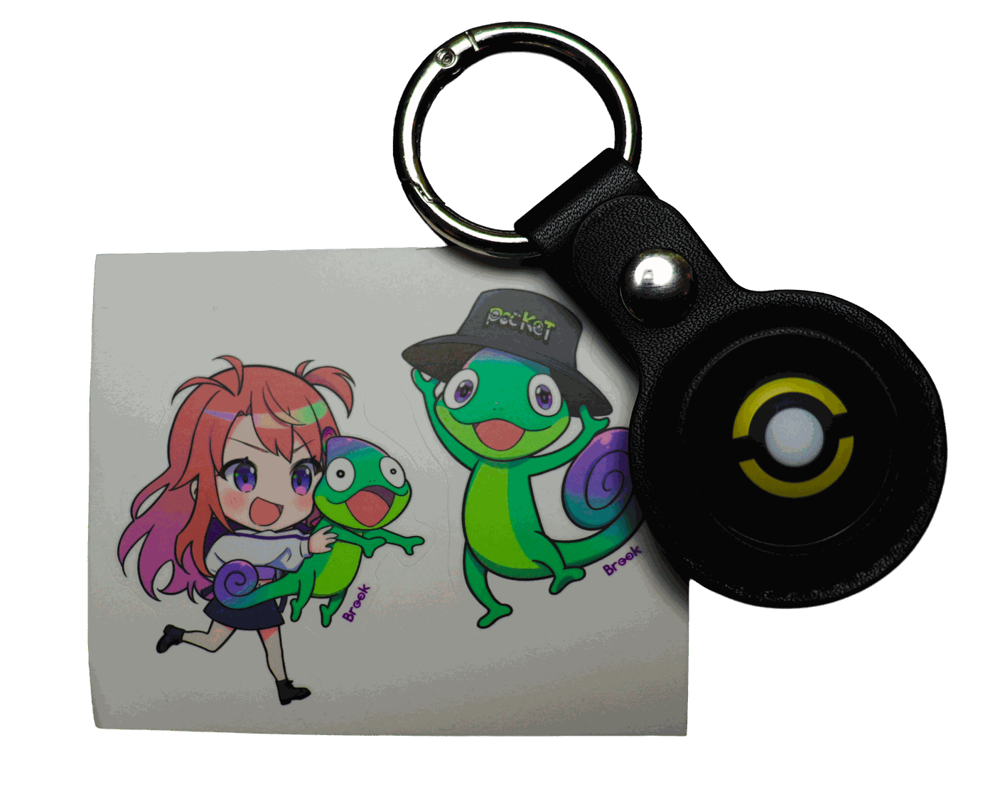 El Pocket Auto Catch Light en su funda de piel con aro, junto a las pegatinas incluidas